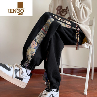 YANXU秋季小熊刺绣裤子男美式高街民族风休闲卫裤宽松束脚国潮牌运动裤