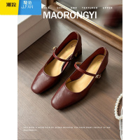 聚范软皮气质复古小方头粗跟高跟鞋女红色玛丽珍一字带扣单鞋女