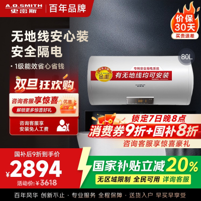 AO史密斯80升电热水器 无地线可安装 专利安全隔电 金圭内胆 速热节能 一键中温保温E80VDS 预约洗浴