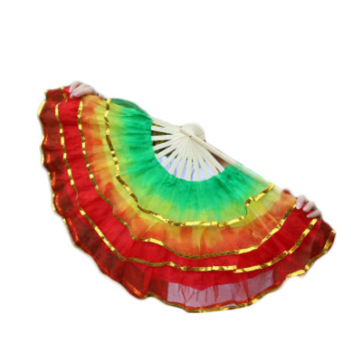 舞蹈扇子跳舞扇广场舞双面演出纱扇-4层绿黄大红一对装