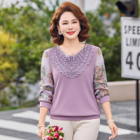 2026年女装V领中老年妈妈装时尚拼接款纱袖中年春装衣服40岁小衫