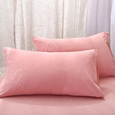 水洗棉刺绣爱心枕套纯色日式风格夏凉枕套单件素色全棉枕头套