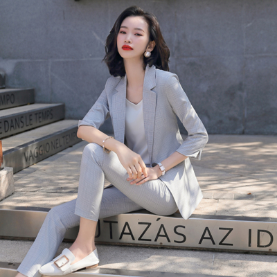 女先生女士套装2020春季新款灰格子小西装外套女时尚气质韩版休闲职业装套装中袖西服显瘦通勤OL工作服