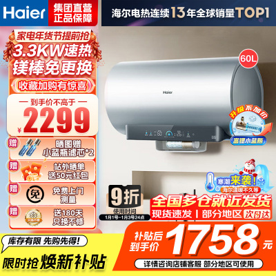 海尔(Haier)[小蓝瓶净肤洗DR7]麦浪系列富锶矿泉浴热水器电热水器一级能效变频速热全瓷内胆免清洗 60L