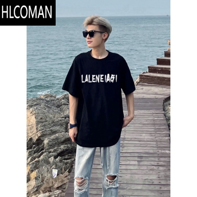 HLCOMAN夏季美式新款网红半袖t恤男ins潮牌黑色百搭短袖印花圆领宽松体恤