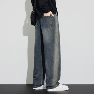秋冬抽绳男士牛仔裤直筒新款宽松高街潮牌高级感时尚青年阔腿裤男