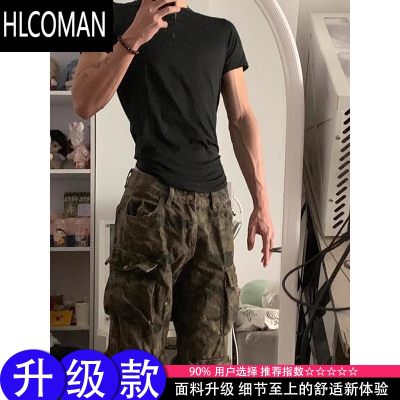 HLCOMAN黑色正肩修身短袖男款夏季美式小领口t恤显肌肉运动健身上衣