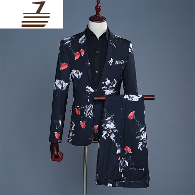 NEWLAKE男士西服彩色套装新郎礼服韩版修身演出服主持西装数码印花康乃馨