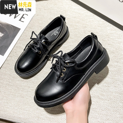林先森小皮鞋女英伦学生软皮黑色鞋子女2021新款春季内增高百搭平底单鞋休闲鞋