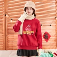 [2.5折价95元]唐狮秋冬新款红色毛衣女圆领套头慵懒风长袖毛衫冬季穿搭攻略