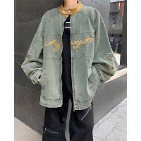 夹克男春秋季美式宽松立领水洗牛仔夹克男女同款百搭机车上衣外套