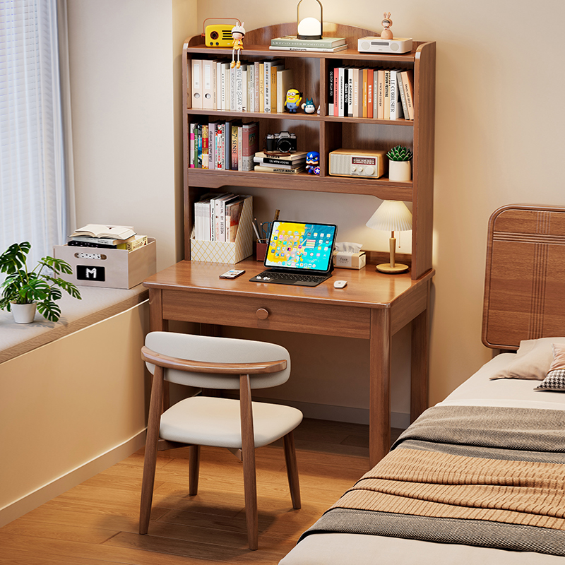实木小户型书桌书架一体简约卧室家用学生学习书桌办公电脑桌