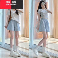 YIBUSHENG蓝色工装短裤女季2024新款高腰宽松阔腿棉麻休闲外穿运动五分裤