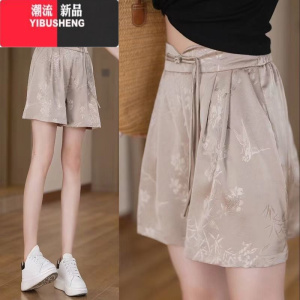 YIBUSHENG国风冰丝短裤女2024季新款宽松百搭垂感薄款五分裤提花休闲裤A
