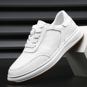 头层牛皮秋季新款百搭小白鞋子男真皮透气休闲鞋男士潮流厚底板鞋