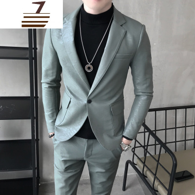 NEWLAKE皮西装男套装韩版修身帅气夜场男模西装酒吧少爷服纯色免烫皮外套
