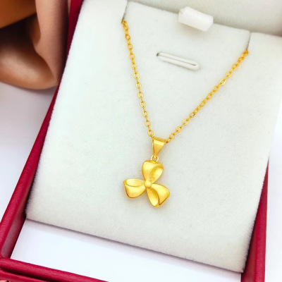 仿真越南沙金项链女镀金色三叶蝴蝶结吊坠项链细锁骨链仿黄金首饰送女朋友老婆情人节七夕生日礼物