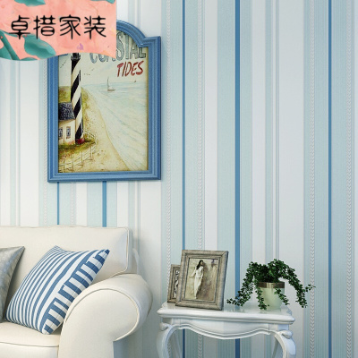 蓝色地中海条纹现代简约3D墙纸客厅电视沙背景无纺布壁纸 浅蓝色36284 仅墙纸壹德壹 默认颜色