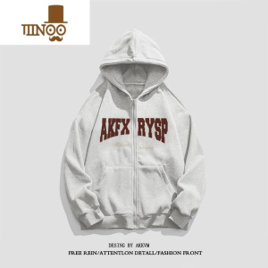 YANXU美式复古连帽灰色卫衣开衫男生高街休闲vibe潮牌嘻哈加绒外套上衣