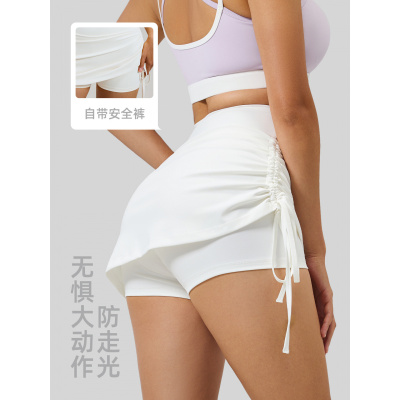 新款抽皱运动短裙女防走光高腰跑步假两件短款瑜伽短裤