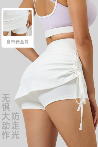 新款抽皱运动短裙女防走光高腰跑步假两件短款瑜伽短裤