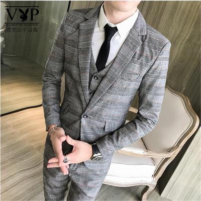 花花公子贵宾四季新款休闲时尚简约舒适百搭潮流帅气男士职业婚宴格纹绅士西服三件套装礼服