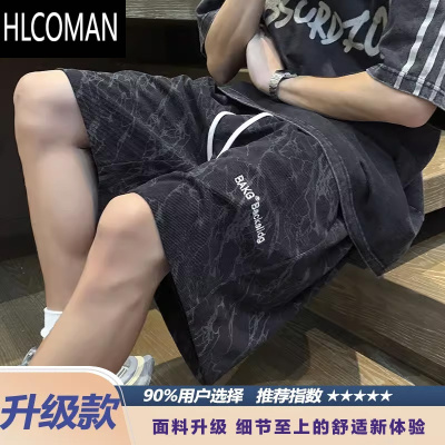 HLCOMAN刺绣短裤男士夏季2025新款宽松休闲裤子潮牌外穿美式男生5五分裤