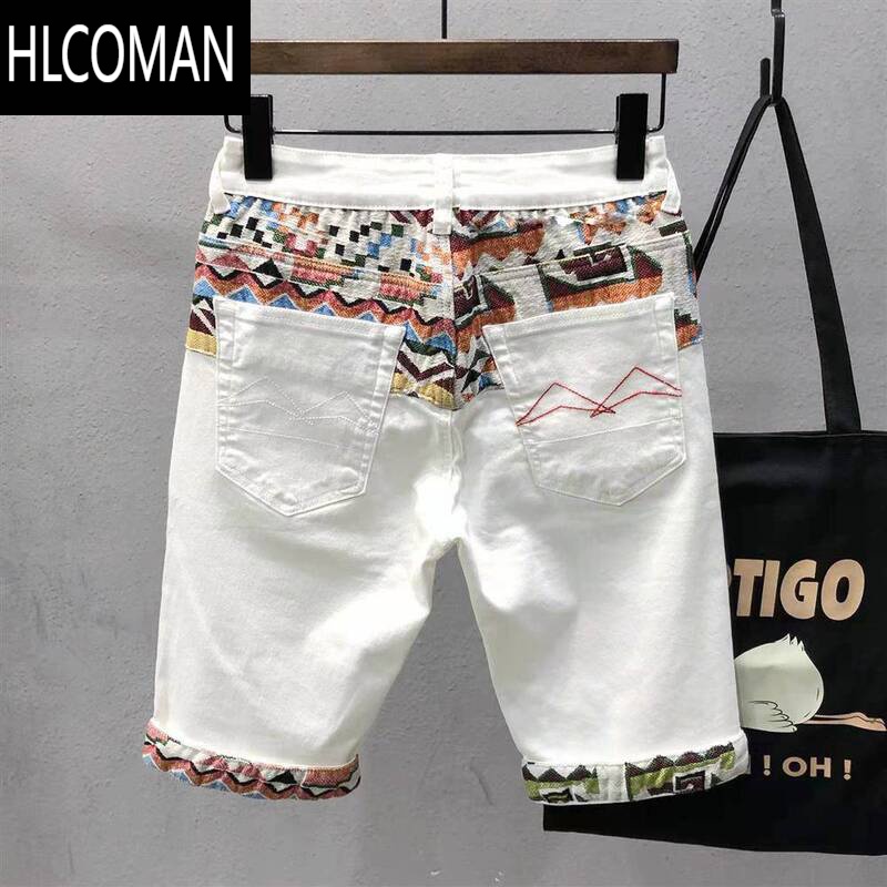 HLCOMAN2024夏季潮牌牛仔短裤男薄款个性拼接刺绣花纹白色弹力五分中裤潮