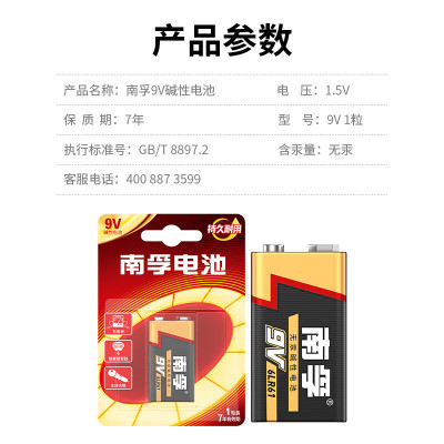南孚电池9V碱性方块九伏6LR61 6F22电池 2粒/组