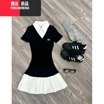 YIBUSHENG季茶系穿搭假两件裙子女新款学院风收腰显瘦短袖拼接百褶连衣裙