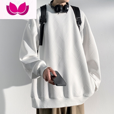 七斓华夫格美式无帽卫衣男圆领潮牌宽松青少年上衣长袖打底衫