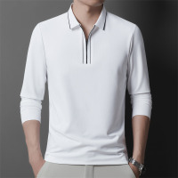 时尚纯色休闲拉链翻领polo衫男春秋季新款宽松青年休闲打底T恤