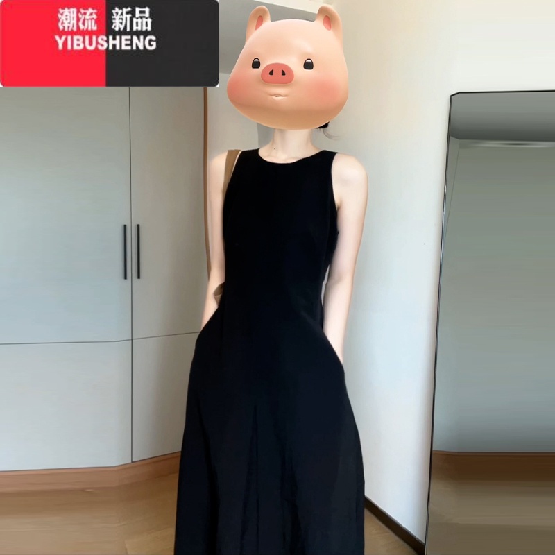 YIBUSHENG赫本风黑色无袖背心连衣裙子女装季2024新款法式气质看长裙