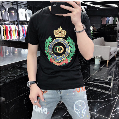 ceen bulled男士短袖t恤男潮流修身重工皇冠刺绣印花欧货潮ins丝光棉