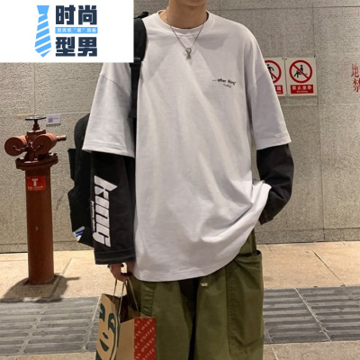 喻娄韩风秋季假两件长袖T恤男港风学生嘻哈上衣韩版bf风宽松情侣卫衣