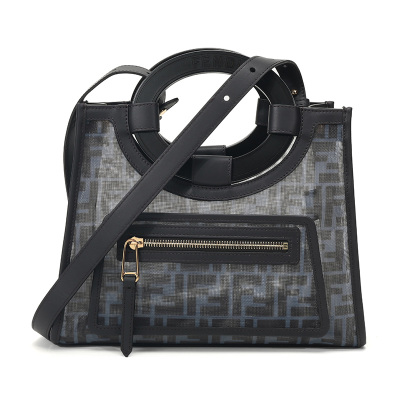 FENDI女士RUNAWAY系列织物配皮手提包单肩包8BH353A6D6F180G-蓝色黑色FF图案