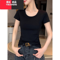 YIBUSHENG黑色短袖t恤女2024季新款低圆领紧身体恤修身正肩打底上衣