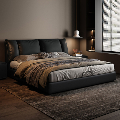 意式极简真皮床高端大气主卧床轻奢1米5双人床现代简约软包储物床