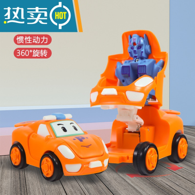 警车变形小汽车模型车小男孩回力车金刚车惯性车儿童玩具车机器人真智力撞击变形警车橙色-回力玩具