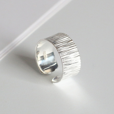 宽面戒指女925纯银光板亮银色纹理开口食指指环百搭简约冷淡风女送女朋友老婆情人节七夕生日礼物