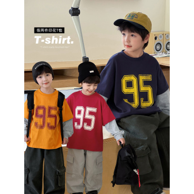 童酷男童秋季新款 美式复古数字印花宝宝上衣假两件儿童T恤潮