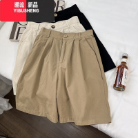 YIBUSHENG水洗棉卡其色工装短裤女薄款高腰a字阔腿宽松显瘦休闲五分中裤