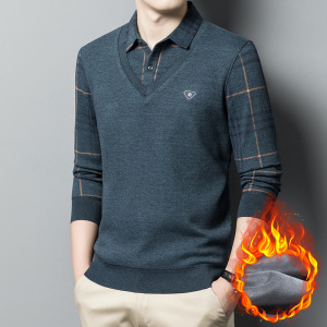 冬装假两件毛衣男士加厚加绒打底衫中年男衬衫保暖上衣