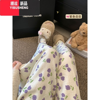 YIBUSHENG韩版可爱印花休闲裤女季2024新款居家外穿阔腿直筒裤慵懒遛弯裤