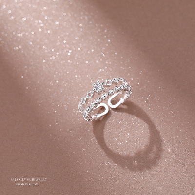 s925纯银双层皇冠戒指女日韩简约小清新个性开口食指环潮流手饰品送女朋友老婆情人节七夕生日礼物