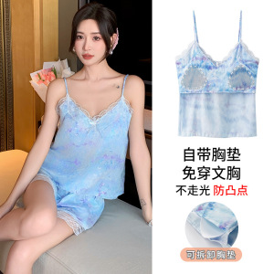 仿真丝纯欲性感睡衣女夏季薄款带胸垫吊带短裤套装冰丝女士家居服