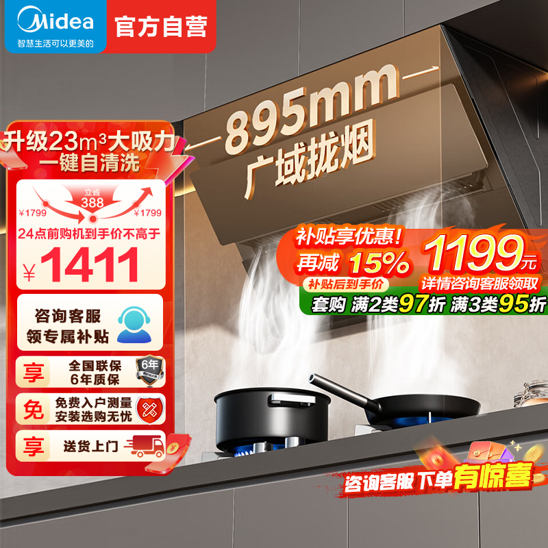 美的(Midea)抽油烟机侧吸式家用厨房油烟机23m³大吸力立体环吸挥手智控自清洗吸油烟机CXW-280-J25Spro