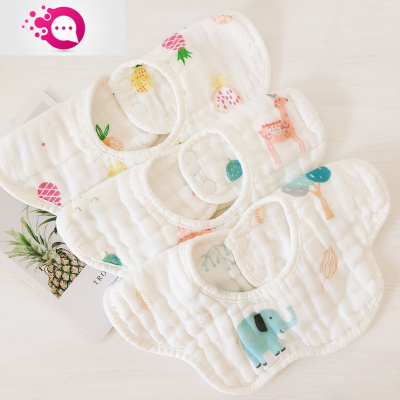 敬平婴儿围嘴棉纱布口水巾新生儿防吐奶360度旋转宝宝秋季花瓣围兜3条装8层柔软纱花瓣围菠萝象鹿均码