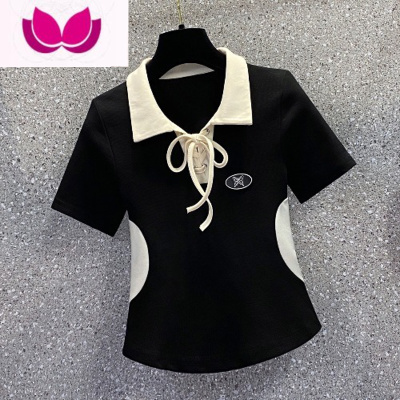 七斓大码短款短袖T恤女2023年胖妹妹MM夏装新款设计感polo领系带上衣