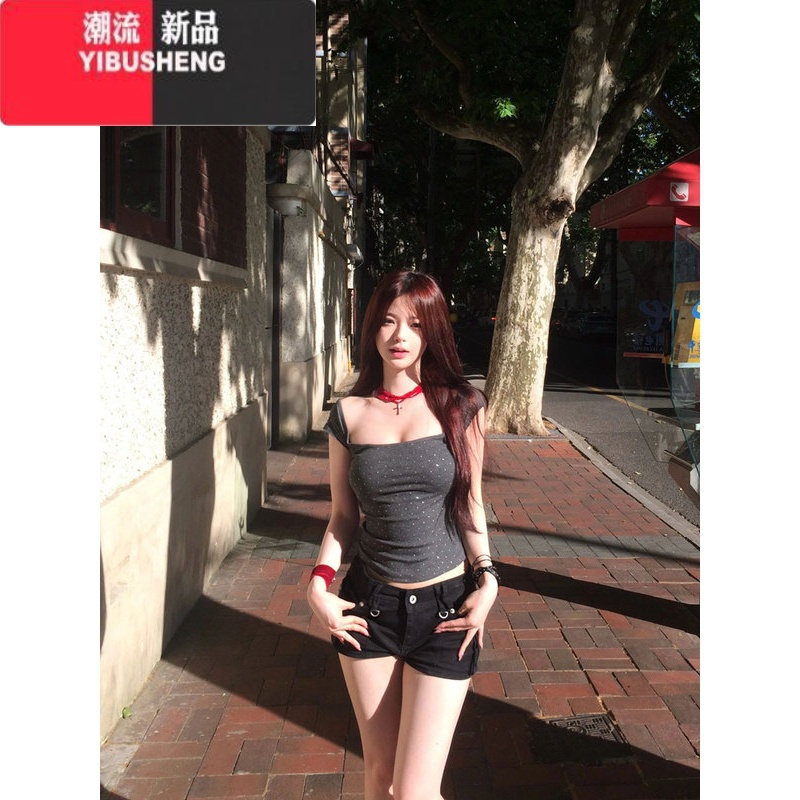 YIBUSHENG美式复古烫钻一字肩短袖T恤女季2024新款修身纯欲辣妹短款上衣